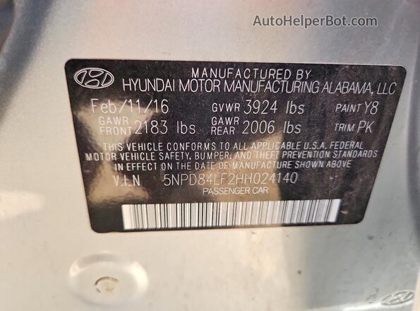 5NPD84LF2HH024140 2017 HYUNDAI ELANTRA Серебряный Вид наклейки с VIN-кодом