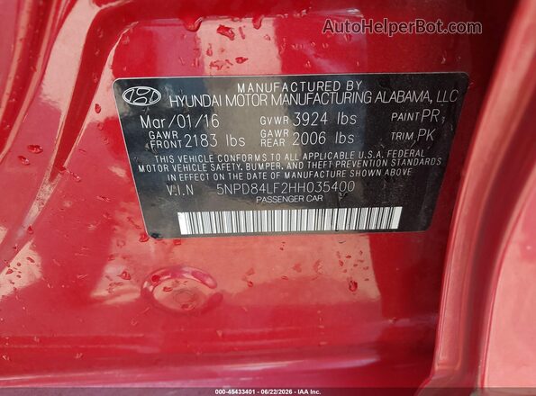 5NPD84LF2HH035400 2017 HYUNDAI ELANTRA Red Вид підкапотного простору