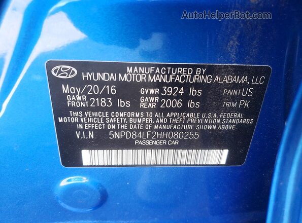 5NPD84LF2HH080255 2017 HYUNDAI ELANTRA Blue VIN sticker view