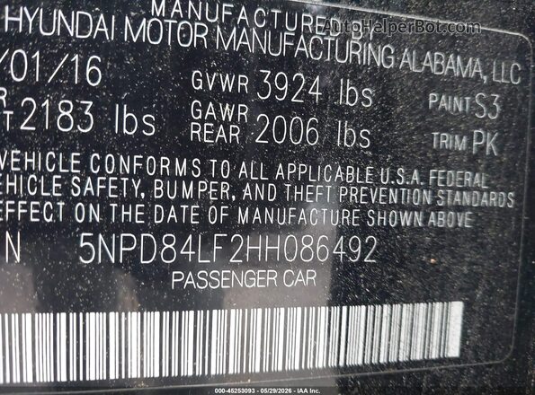 5NPD84LF2HH086492 2017 HYUNDAI ELANTRA Черный 