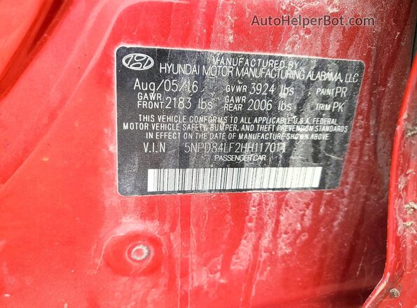 5NPD84LF2HH117014 2017 HYUNDAI ELANTRA Red Vista de la etiqueta del VIN