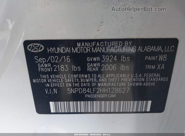 5NPD84LF2HH128627 2017 HYUNDAI ELANTRA White Շարժիչի բաժամունքի տեսք