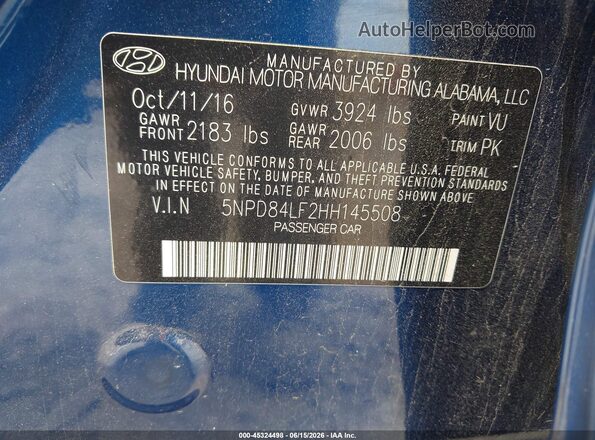 5NPD84LF2HH145508 2017 HYUNDAI ELANTRA Blue Շարժիչի բաժամունքի տեսք