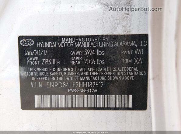 5NPD84LF2HH182512 2017 HYUNDAI ELANTRA White 