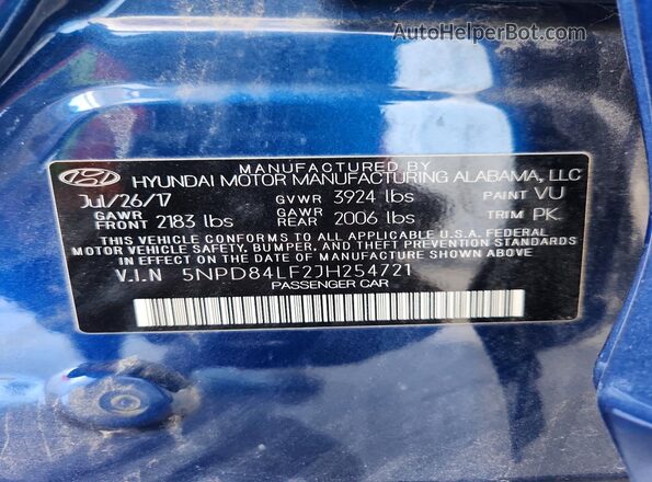 5NPD84LF2JH254721 2018 HYUNDAI ELANTRA Синий 