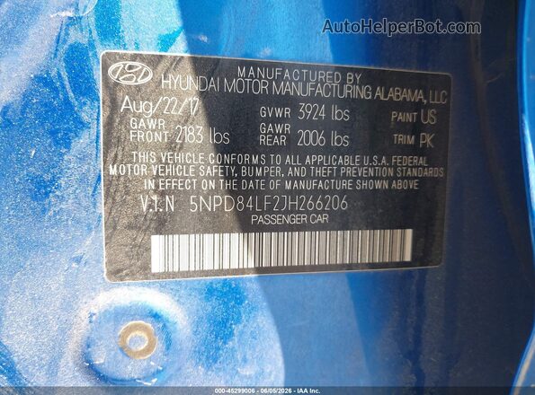 5NPD84LF2JH266206 2018 HYUNDAI ELANTRA Blue ძრავის განყოფილების ხედი