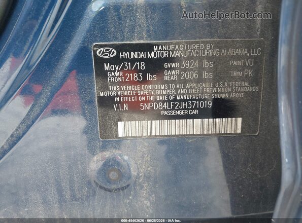 5NPD84LF2JH371019 2018 HYUNDAI ELANTRA Blue Engine compartment view