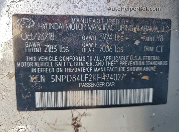 5NPD84LF2KH424027 2019 HYUNDAI ELANTRA Silver 