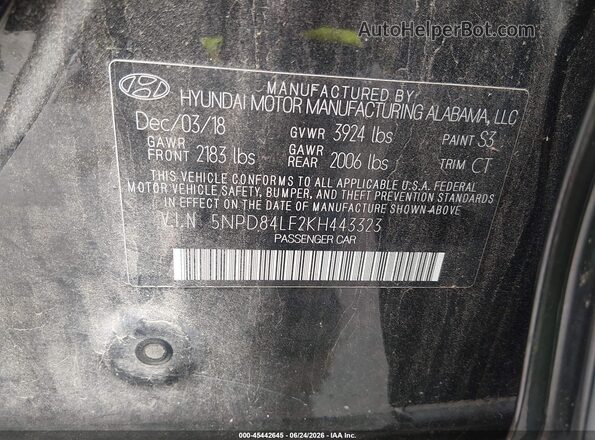 5NPD84LF2KH443323 2019 HYUNDAI ELANTRA Black Engine compartment view