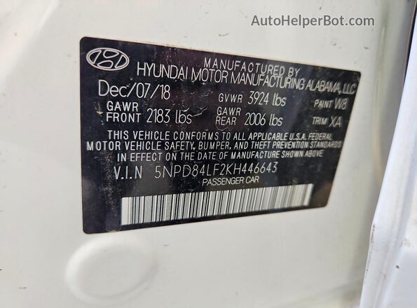 5NPD84LF2KH446643 2019 HYUNDAI ELANTRA White Շարժիչի բաժամունքի տեսք