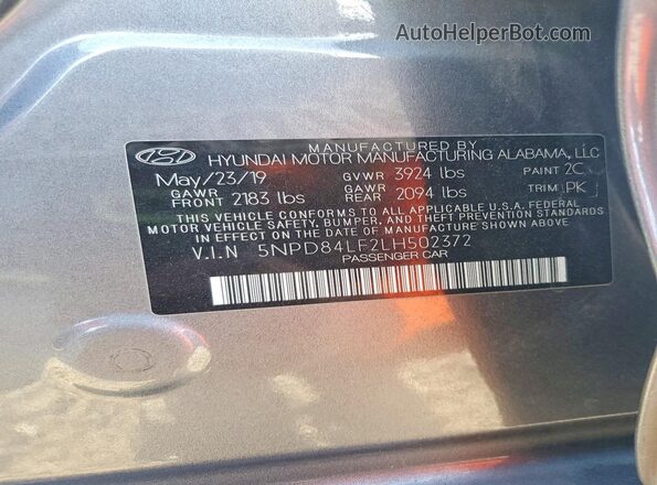 5NPD84LF2LH502372 2020 HYUNDAI ELANTRA Gray VIN sticker view