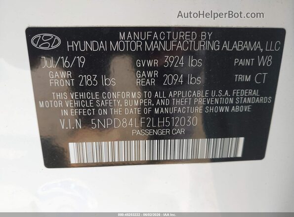 5NPD84LF2LH512030 2020 HYUNDAI ELANTRA White Вид підкапотного простору