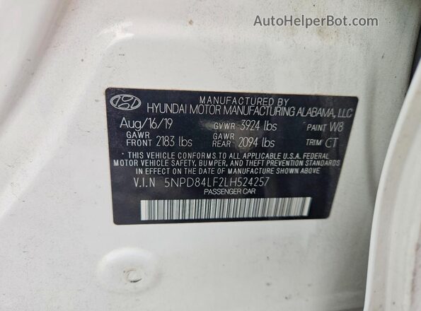 5NPD84LF2LH524257 2020 HYUNDAI ELANTRA White Вид підкапотного простору