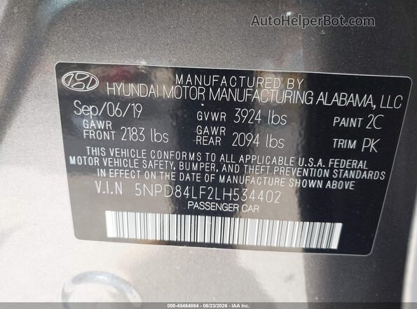 5NPD84LF2LH534402 2020 HYUNDAI ELANTRA Gray ძრავის განყოფილების ხედი