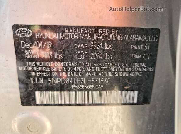 5NPD84LF2LH571630 2020 HYUNDAI ELANTRA Silver VIN կոդի պիտակի տեսք