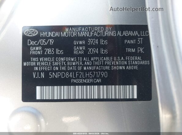 5NPD84LF2LH571790 2020 HYUNDAI ELANTRA Silver 