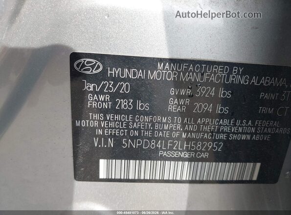 5NPD84LF2LH582952 2020 HYUNDAI ELANTRA Silver Vista del compartimento del motor