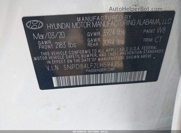 5NPD84LF2LH594356 2020 HYUNDAI ELANTRA White ძრავის განყოფილების ხედი