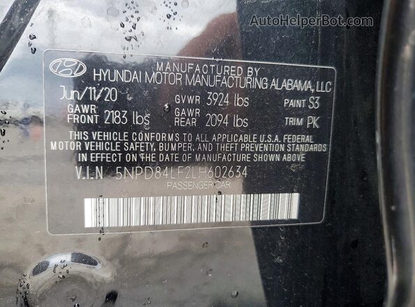 5NPD84LF2LH602634 2020 HYUNDAI ELANTRA Black Vista de la etiqueta del VIN