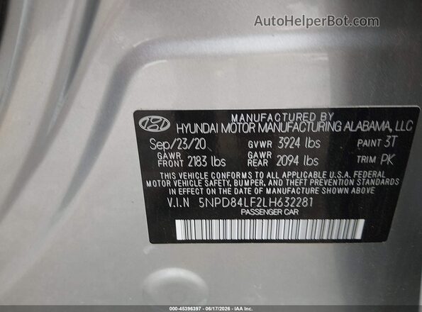 5NPD84LF2LH632281 2020 HYUNDAI ELANTRA Серый Вид подкапотного пространства