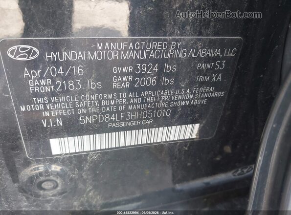5NPD84LF3HH051010 2017 HYUNDAI ELANTRA Black Engine compartment view