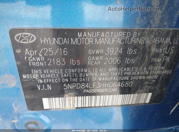 5NPD84LF3HH064680 2017 HYUNDAI ELANTRA Blue Vista del compartimento del motor