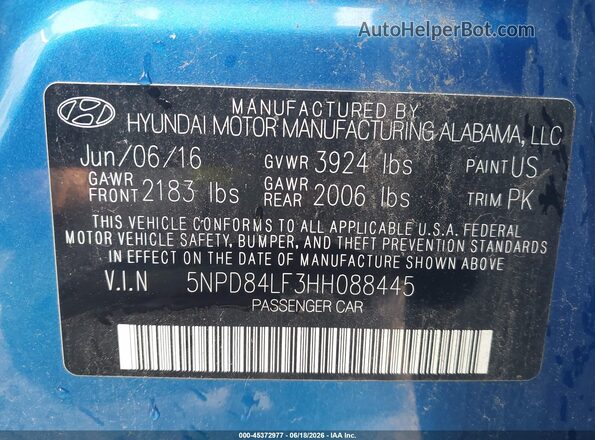 5NPD84LF3HH088445 2017 HYUNDAI ELANTRA Blue Widok komory silnika