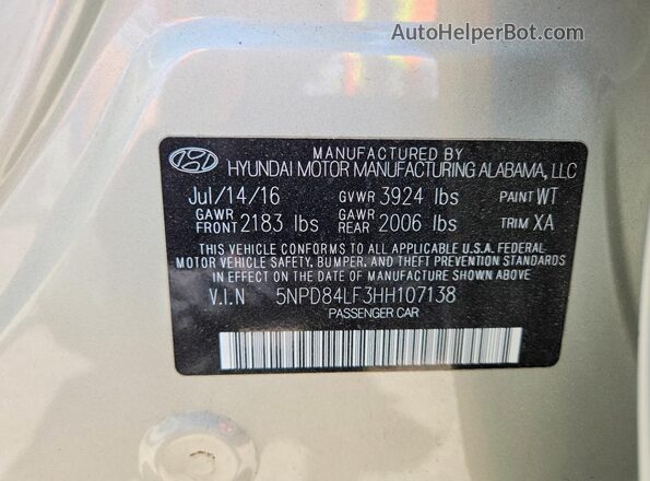 5NPD84LF3HH107138 2017 HYUNDAI ELANTRA Gray VIN კოდის სტიკერის ხედი