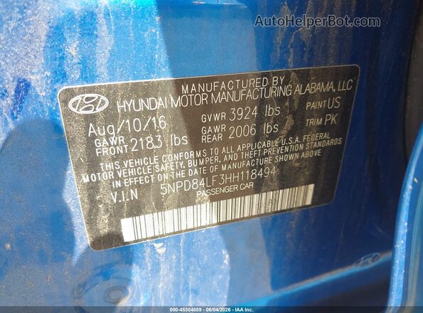 5NPD84LF3HH118494 2017 HYUNDAI ELANTRA Синий 