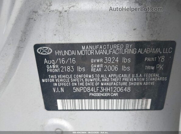 5NPD84LF3HH120648 2017 HYUNDAI ELANTRA Silver Widok komory silnika