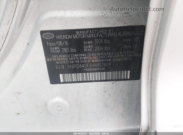 5NPD84LF3HH157909 2017 HYUNDAI ELANTRA Gray Вид підкапотного простору