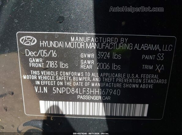 5NPD84LF3HH167940 2017 HYUNDAI ELANTRA Black Вид підкапотного простору