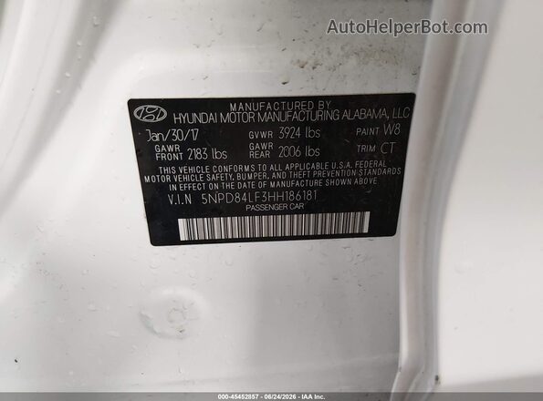 5NPD84LF3HH186181 2017 HYUNDAI ELANTRA Белый Вид подкапотного пространства
