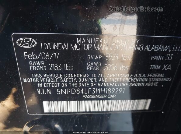 5NPD84LF3HH189291 2017 HYUNDAI ELANTRA Черный Вид подкапотного пространства
