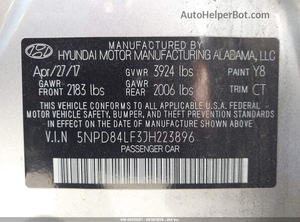 5NPD84LF3JH223896 2018 HYUNDAI ELANTRA Silver Vista del compartimento del motor