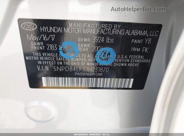 5NPD84LF3JH231870 2018 HYUNDAI ELANTRA Silver Շարժիչի բաժամունքի տեսք