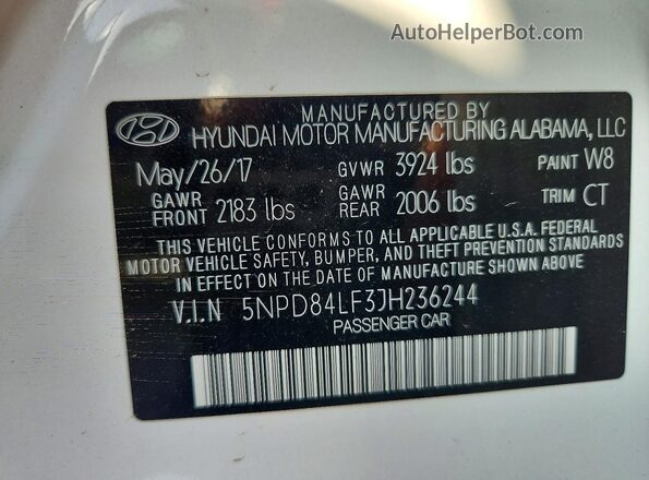 5NPD84LF3JH236244 2018 HYUNDAI ELANTRA White ძრავის განყოფილების ხედი