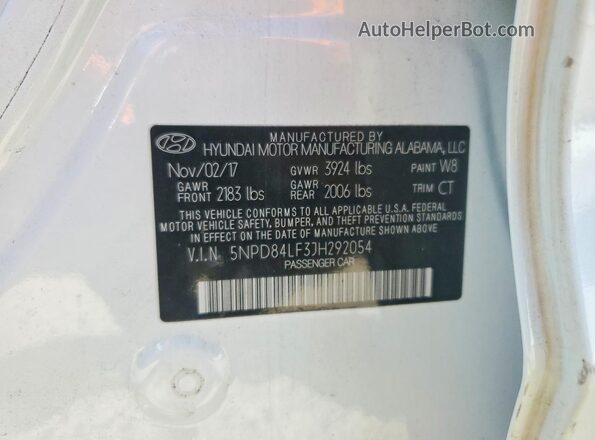 5NPD84LF3JH292054 2018 HYUNDAI ELANTRA White ძრავის განყოფილების ხედი