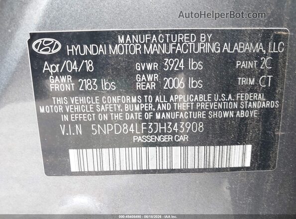 5NPD84LF3JH343908 2018 HYUNDAI ELANTRA Gray Widok komory silnika