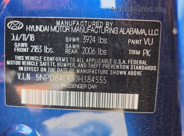 5NPD84LF3JH384555 2018 HYUNDAI ELANTRA Blue 