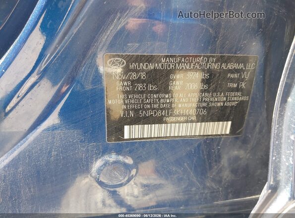 5NPD84LF3KH440706 2019 HYUNDAI ELANTRA Blue Вид підкапотного простору