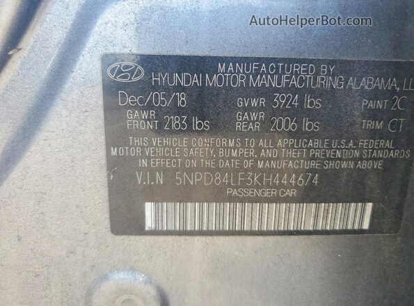 5NPD84LF3KH444674 2019 HYUNDAI ELANTRA Gray 