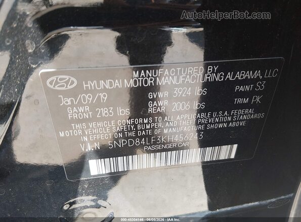 5NPD84LF3KH456243 2019 HYUNDAI ELANTRA Черный Вид подкапотного пространства