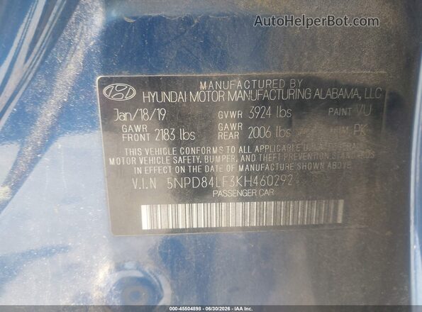 5NPD84LF3KH460292 2019 HYUNDAI ELANTRA Синий Вид подкапотного пространства