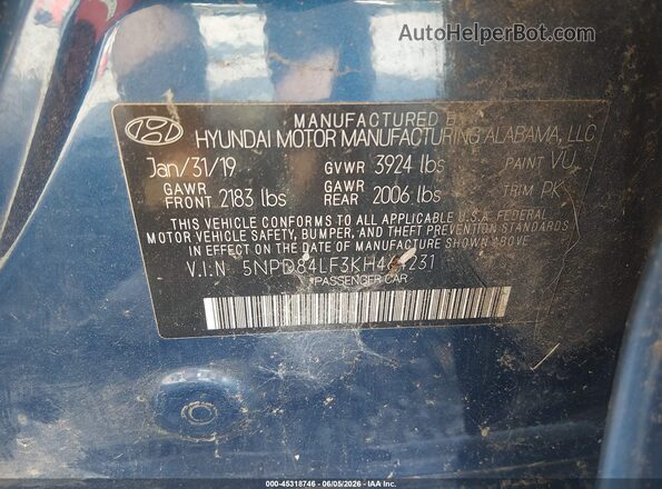 5NPD84LF3KH464231 2019 HYUNDAI ELANTRA Blue 