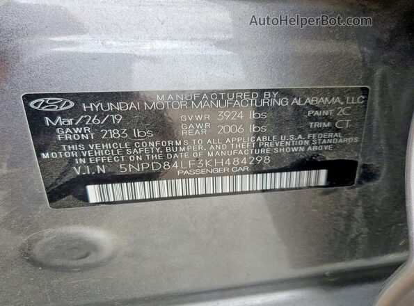 5NPD84LF3KH484298 2019 HYUNDAI ELANTRA Gray ძრავის განყოფილების ხედი