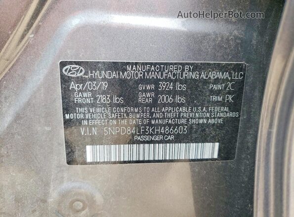 5NPD84LF3KH486603 2019 HYUNDAI ELANTRA Gray 