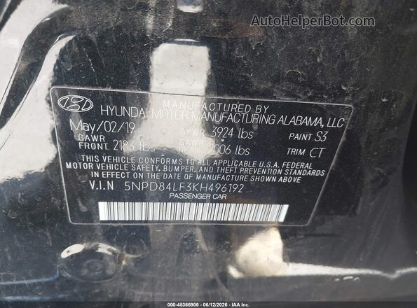 5NPD84LF3KH496192 2019 HYUNDAI ELANTRA Black ძრავის განყოფილების ხედი