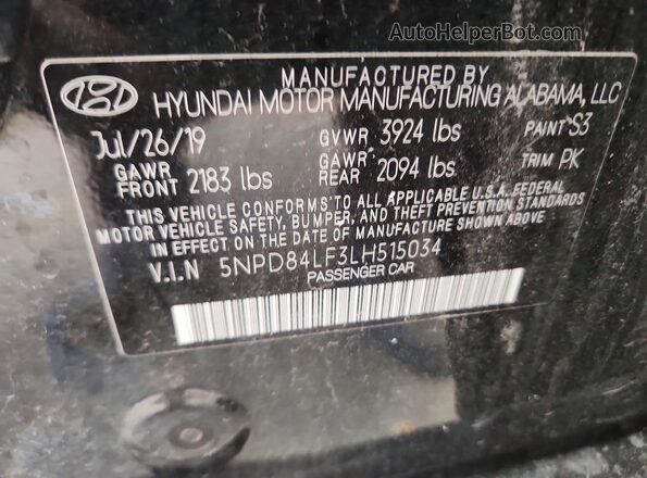 5NPD84LF3LH515034 2020 HYUNDAI ELANTRA Black Vista del compartimento del motor