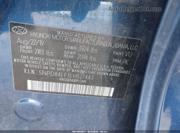 5NPD84LF3LH527443 2020 HYUNDAI ELANTRA Blue ძრავის განყოფილების ხედი